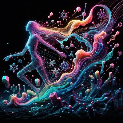The primary subject of the image is a person, likely a woman, who is depicted in a digital art or illustration style. The setting is a colorful and abstract environment, with the person surrounded by various shapes, colors, and patterns. The visual style is a mix of digital art and illustration, creating a unique and vibrant atmosphere. The colors and mood of the image are predominantly bright and lively, with a sense of movement and energy.